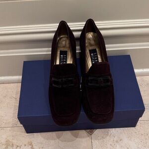 Stuart Weitzman Burgundy Velvet Loafers with Black Patent Trim